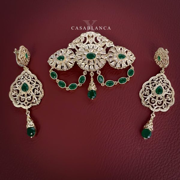 Ensemble broche et boucles d'oreilles or vert - Mira