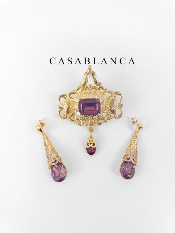 Conjunto de broche y pendientes violeta dorado - Layliky