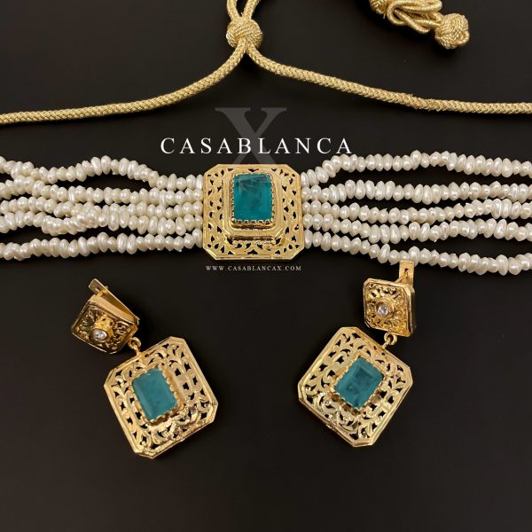 Collier ras du cou en perles dorées avec boucles d'oreilles - Saziya
