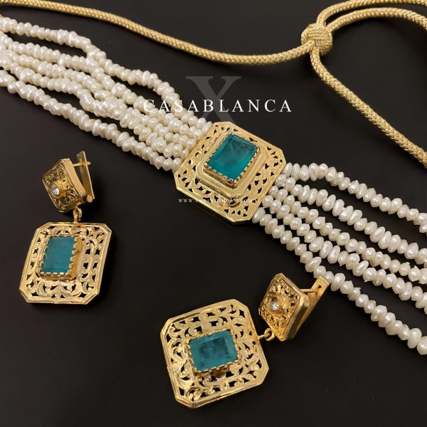 Collier ras du cou en perles dorées avec boucles d'oreilles - Saziya - Image 2