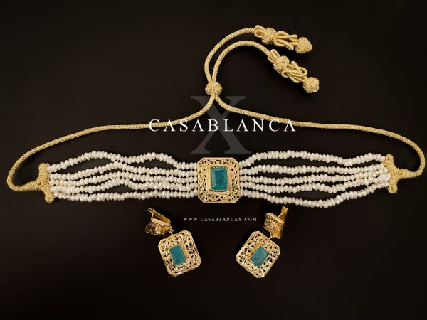 Collier ras du cou en perles dorées avec boucles d'oreilles - Saziya - Image 3
