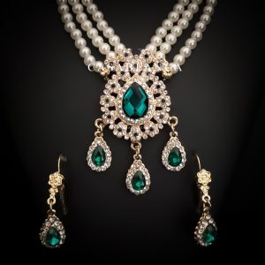 Parure de perles et boucles d'oreilles dorées vertes - Jalam - Image 2