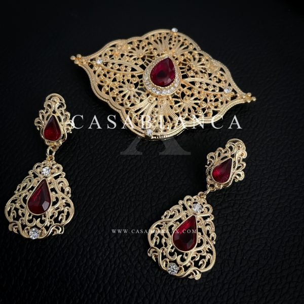 Gouden Marokkaanse Broche Rood Set Oorbellen - Adya