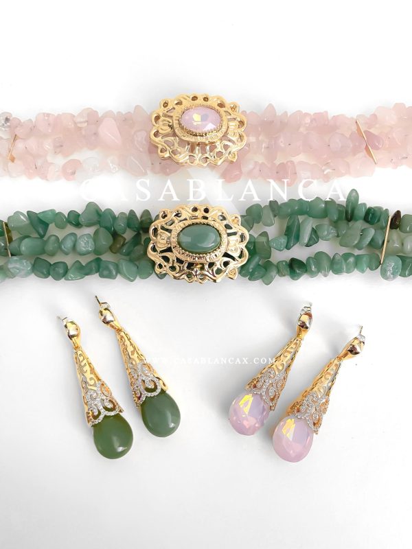 Gouden Groen Choker Ketting en Oorbellen Set - Mazya - Afbeelding 4