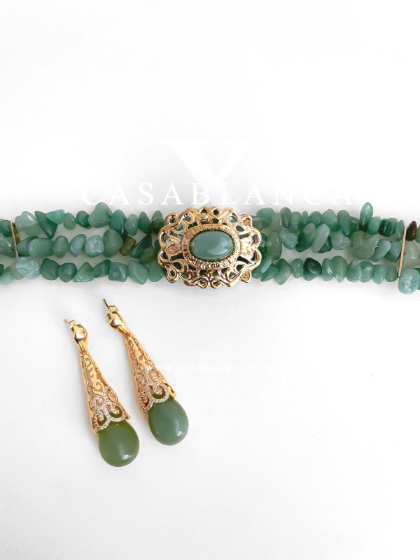 Gouden Groen Choker Ketting en Oorbellen Set - Mazya - Afbeelding 5