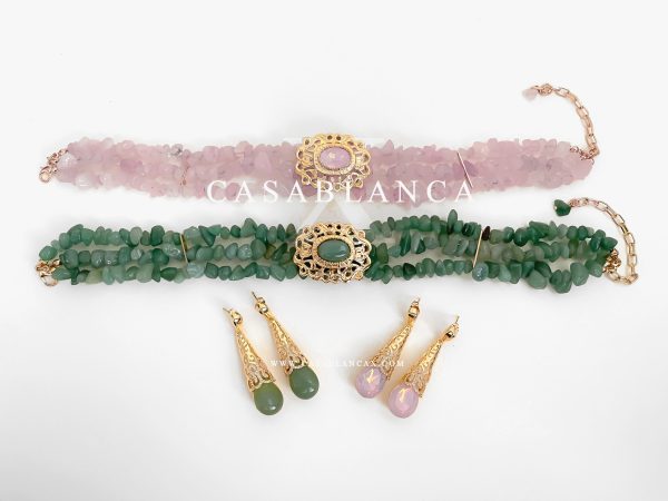 Gouden Groen Choker Ketting en Oorbellen Set - Mazya - Afbeelding 3