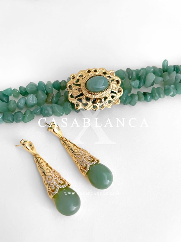Gouden Groen Choker Ketting en Oorbellen Set - Mazya