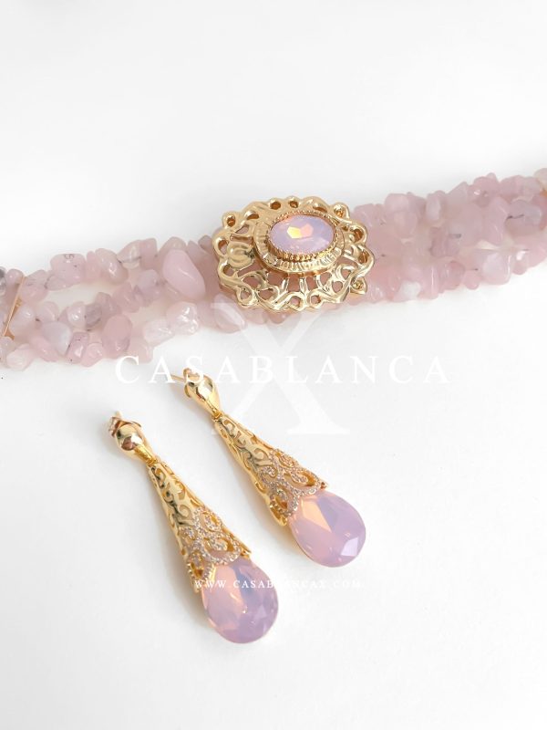 Gouden Roze Choker Ketting en Oorbellen Set - Mazya