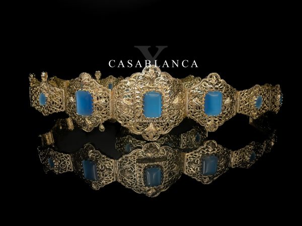 Ceinture Mdamma, robe marocaine dorée et bleu clair - Ikisane