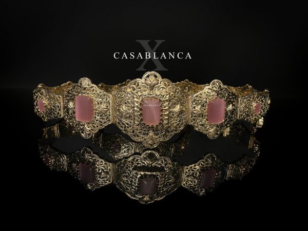 Vestido marroquí con cinturón Mdamma rosa dorado - Falma