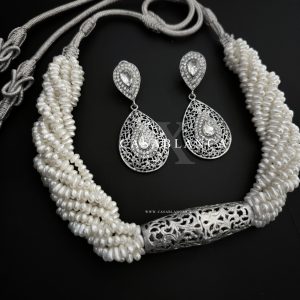 Zilveren Jawhar Parel Ketting Set Met Oorbellen - Amilya - Afbeelding 2