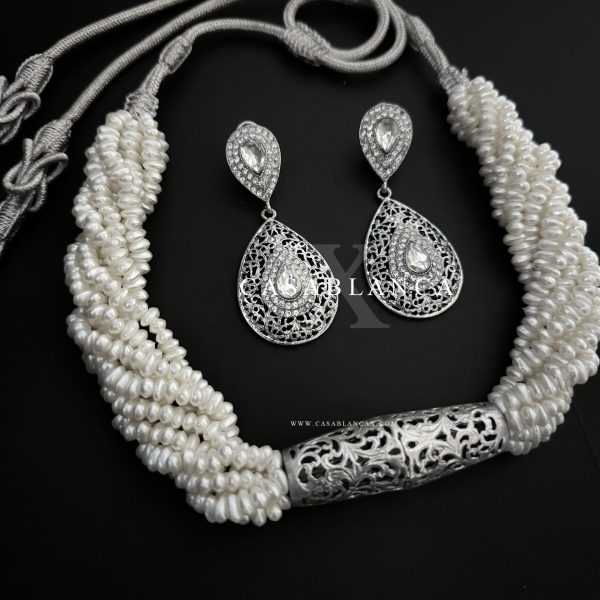 Collar de perlas de Jawhar de plata con pendientes - Amilya - Imagen 2