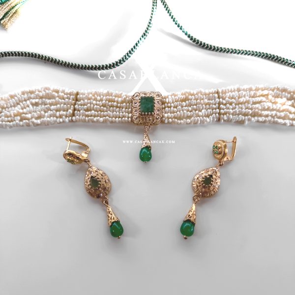 Set collana girocollo in vero argento e oro con perle verdi - Faye