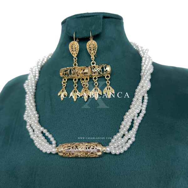 Parure di collana e orecchini di perle dorate - Aurea Opulence - Immagine 2