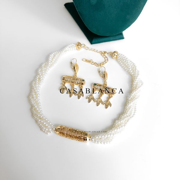 Parure di collana e orecchini di perle dorate - Aurea Opulence - Immagine 3