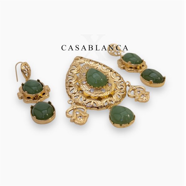 Ensemble broche et boucles d'oreilles dorées vertes - Olyva - Image 2