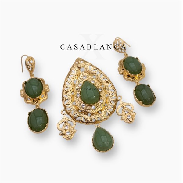 Ensemble broche et boucles d'oreilles dorées vertes - Olyva - Image 3