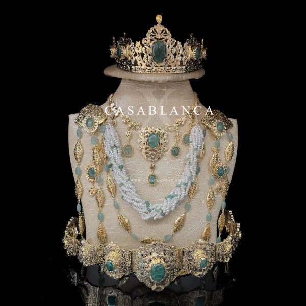 Parure de bijoux de mariée marocaine dorée, vert menthe - Lymra