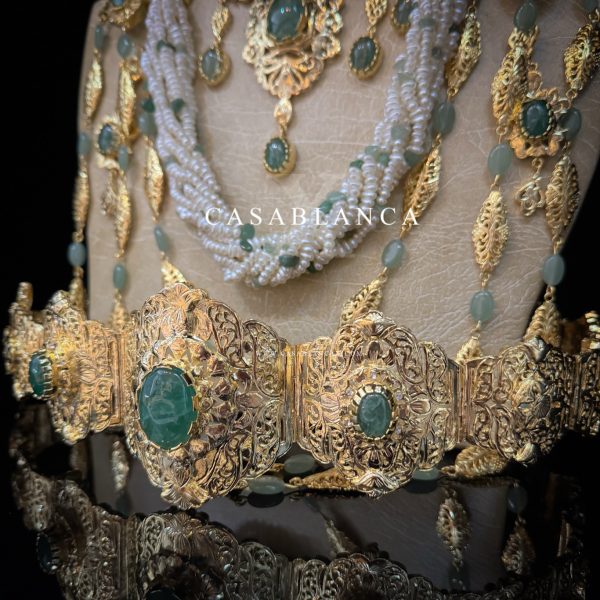 Parure de bijoux de mariée marocaine dorée, vert menthe - Lymra - Image 4