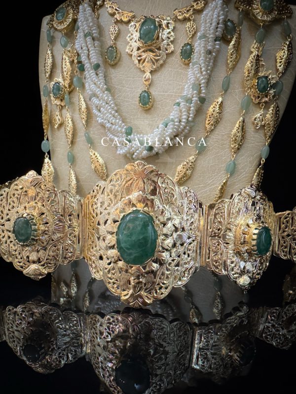 Parure de bijoux de mariée marocaine dorée, vert menthe - Lymra - Image 7