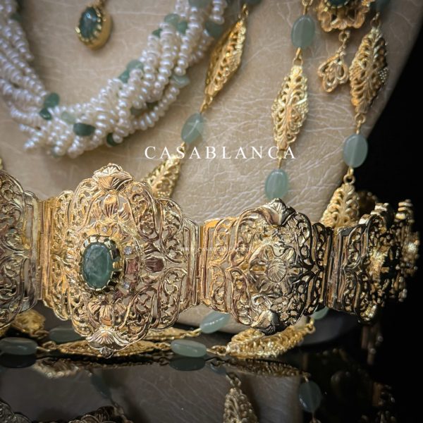 Parure de bijoux de mariée marocaine dorée, vert menthe - Lymra - Image 6