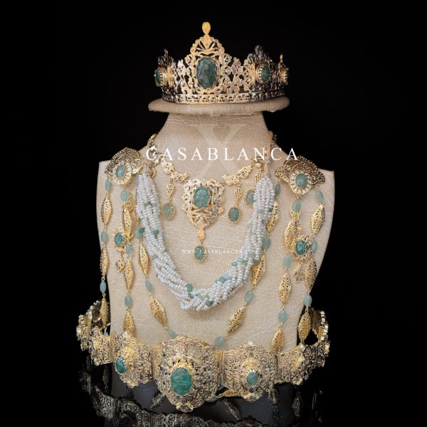 Parure de bijoux de mariée marocaine dorée, vert menthe - Lymra - Image 5