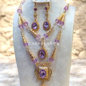 Paarse Gouden Set, Ketting, Oorbellen, Riem - Violet - Afbeelding 2