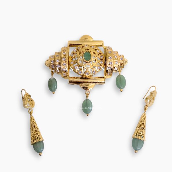 Conjunto de broche y pendientes Elysa en verde menta dorado - Mirage