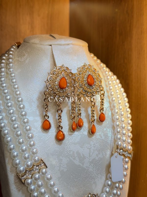 Golden Bead Necklace Pearls Orange - Ezoria - Image 2