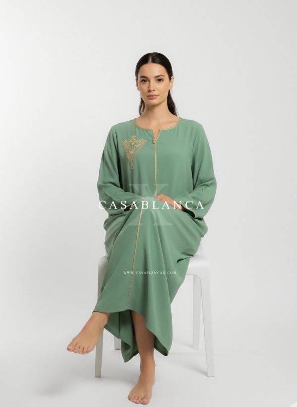 Moroccan Traditional Kaftan Dress - Sage Green Gold - Image 2