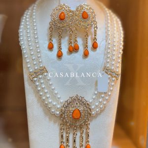 Gold Bead Necklace Pearls Orange - Ezoria