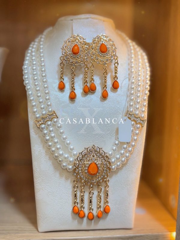 Gold Bead Necklace Pearls Orange - Ezoria