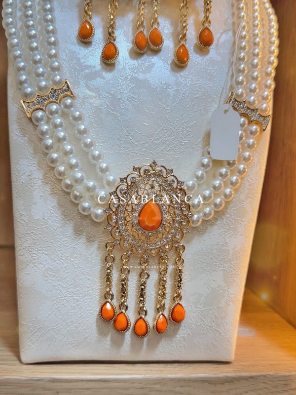 Golden Bead Necklace Pearls Orange - Ezoria - Image 3