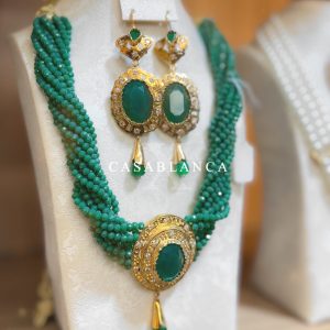 Golden Pearl Necklace Green Set - Aurephyra
