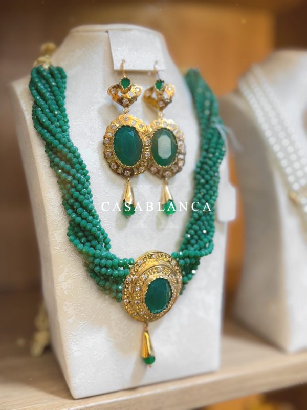 Golden Pearl Necklace Green Set - Aurephyra