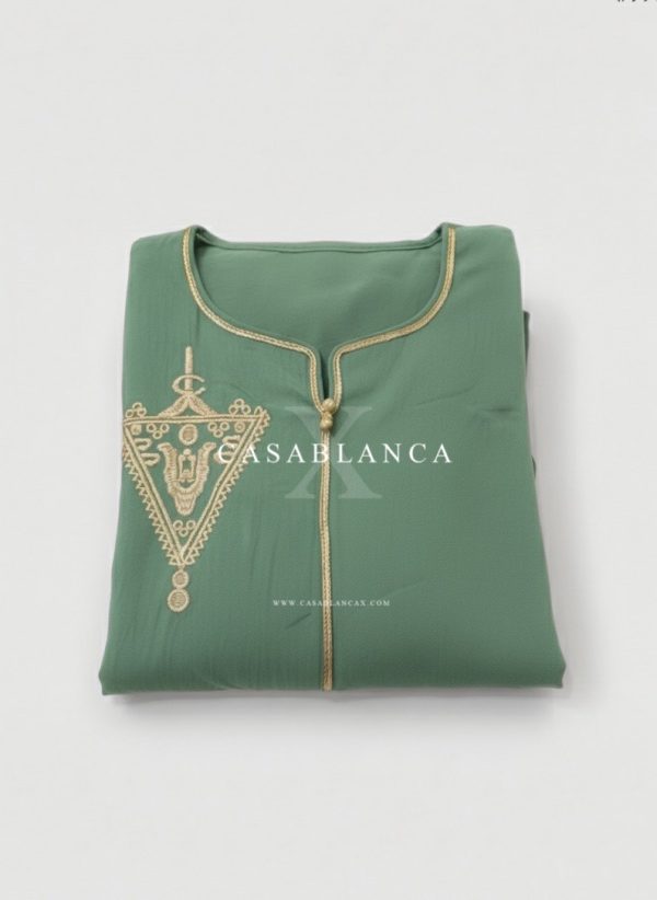 Moroccan Traditional Kaftan Dress - Sage Green Gold - Image 3