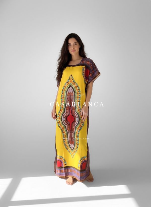 Robe caftan africaine Dashiki originale - Jaune Chitenge – Image 4