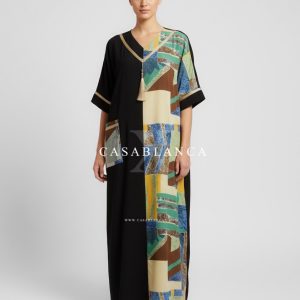 Moroccan Caftan with Gold Details – Abstract Greeny