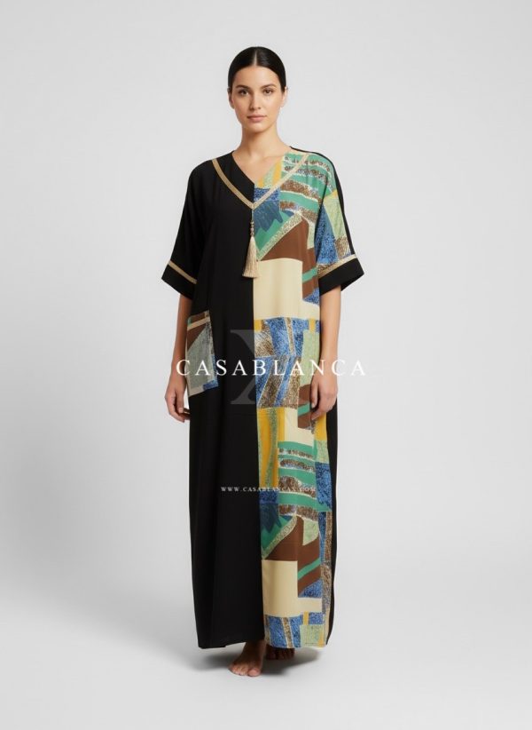 Moroccan Caftan with Gold Details – Abstract Greeny